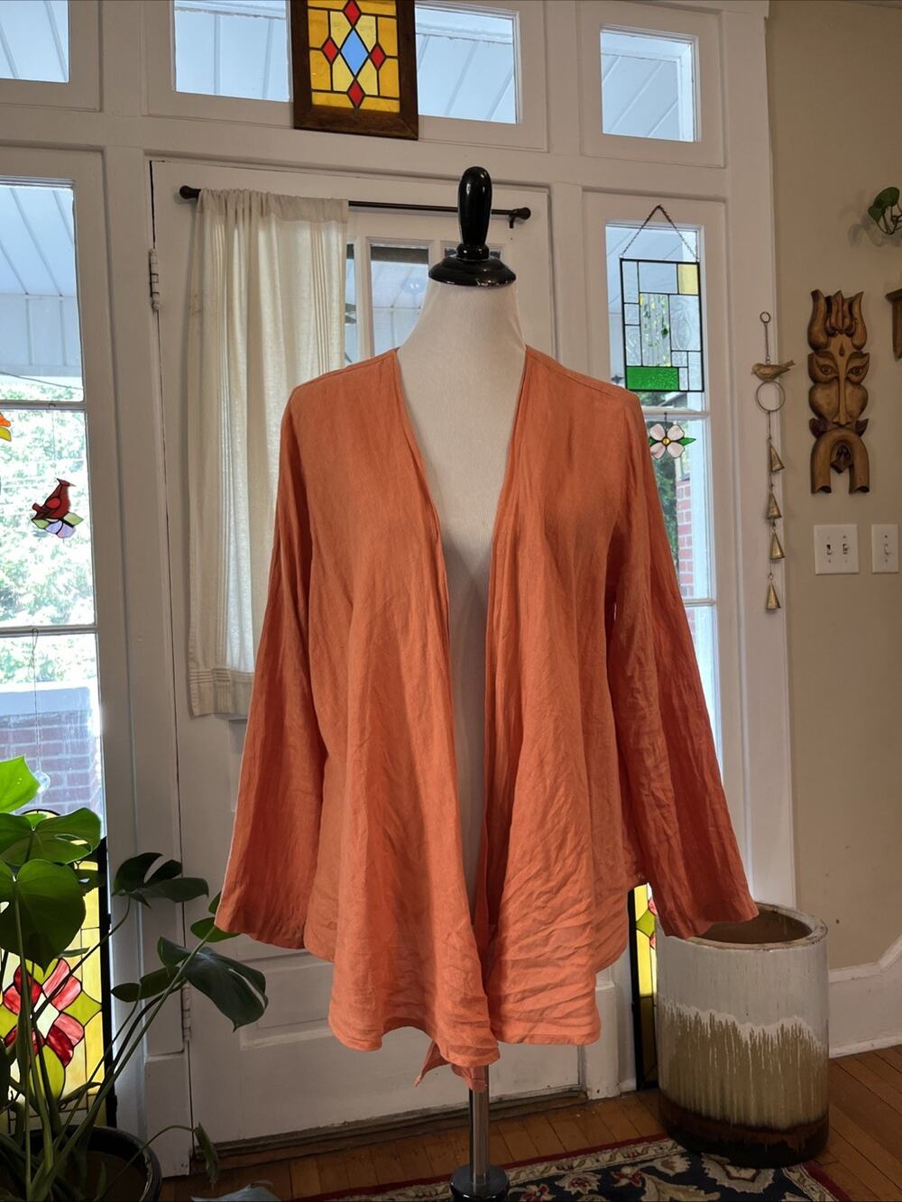 California Threads‎ Open Cardigan Jacket S Coral 100% Linen USA Oversize Tie Top